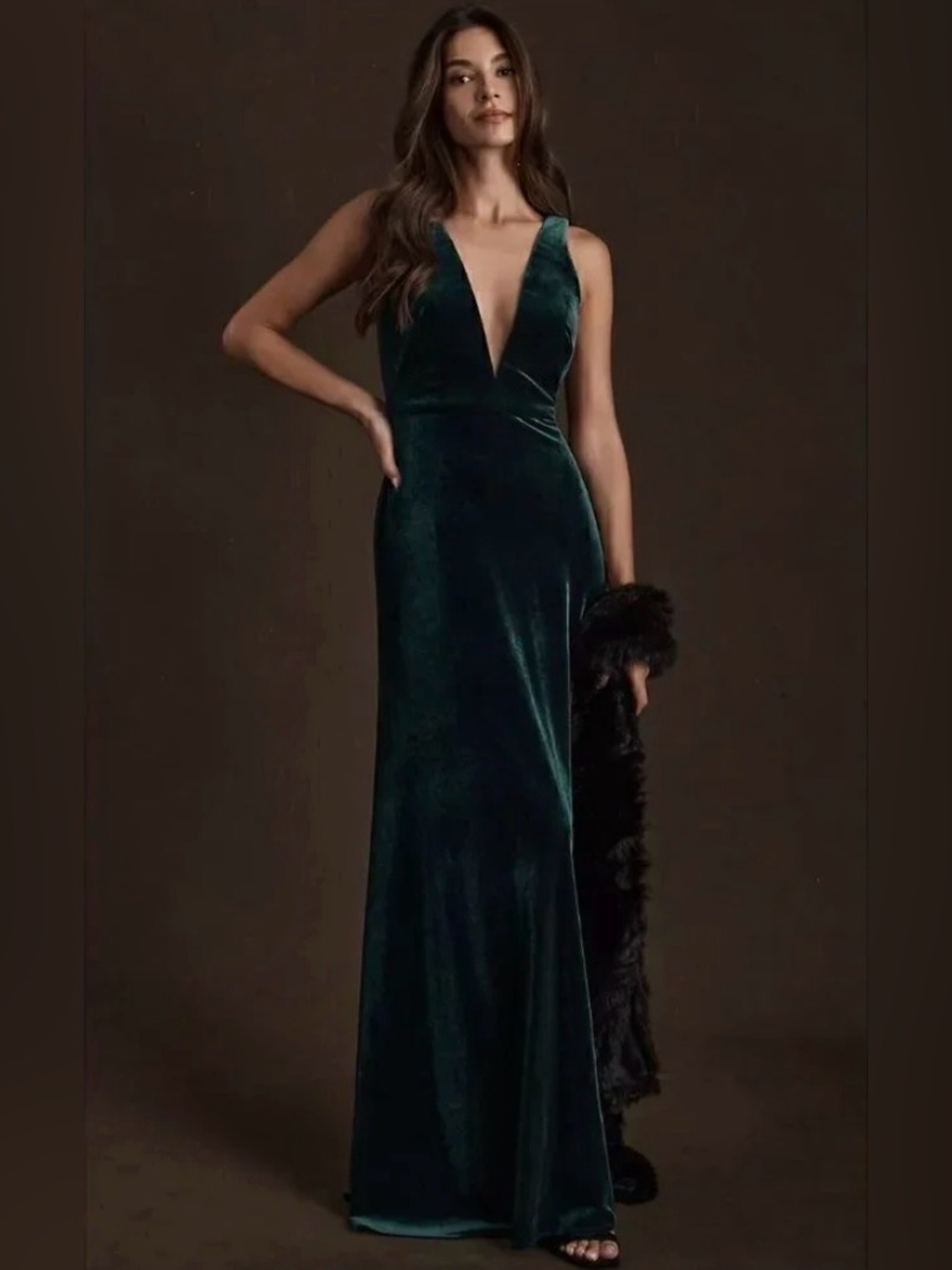 Jenny Yoo Dark Green Velvet V-Neck Evening Gown, size 4 - NWT
